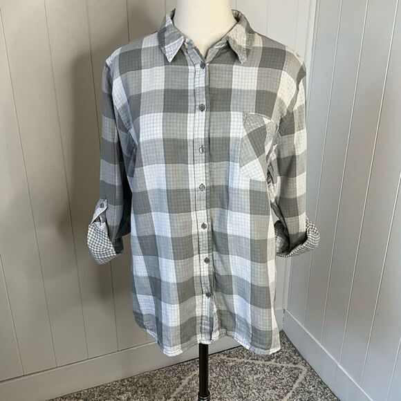 Womens Size XL Button Front Shirt Gray White Check Pattern Long Sleeve Collared - Picture 12 of 13
